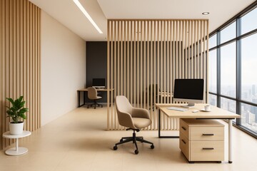 Aufkleber - Modern minimalist open space office with wood partitions, neutral tones, and large windows overlooking a cityscape in daylight. Ai generative.