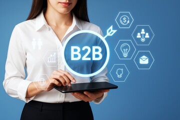 Aufkleber - Businesswoman using tablet with B2B digital interface and icons on blue background, symbolizing modern business technology concept..