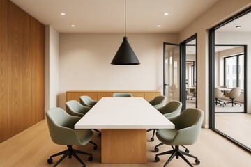Poster - Modern business meeting room with minimalist furniture and soft light background, showcasing clean lines and natural wood tones. Ai generative.
