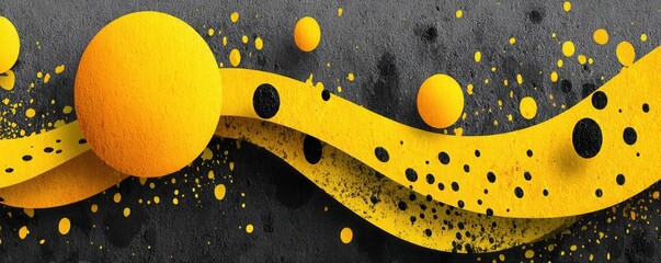 Poster - Abstract graphic design with vibrant yellow shapes on a textured black background