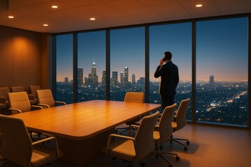 Poster - Businessman in modern conference room at night overlooking illuminated city skyline through large windows, warm interior light contrasts urban background.