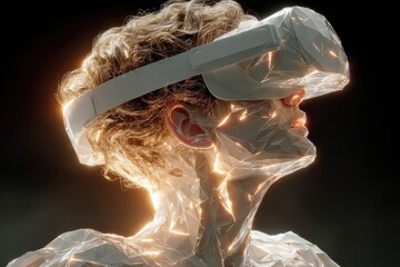 Poster - Futuristic low-poly design of a person experiencing virtual reality immersion