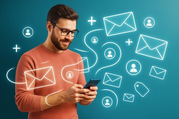 Aufkleber - Smiling man using smartphone with abstract message and contact icons on light business background concept of communication and networking.