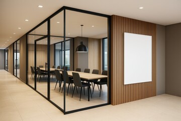 Poster - Modern glass-walled business meeting room with wooden panel accents and blank poster on wall in a clean office hallway interior background setting.