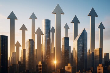 Aufkleber - Arrows rising above modern city skyline at sunrise symbolizing business growth and economic progress in futuristic light background concept.