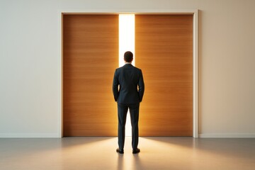 Poster - Businessman standing in front of slightly open wooden doors with bright light shining through in modern interior background. Ai generative.