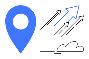 Poster - Blue location marker next to upward black and blue arrows with a minimal cloud. Ideal for growth, navigation, success, progress, direction, digital innovation, and future goals, simple flat metaphor