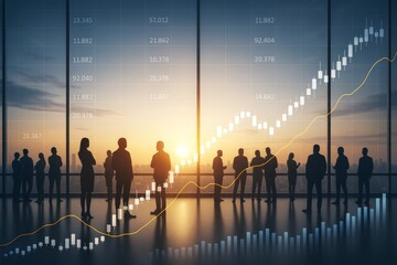 Aufkleber - Business professionals in silhouette with financial chart overlay on sunset background inside office showing economic growth and teamwork concept.