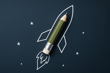 Poster - Creative concept of a pencil as a rocket launching into space drawn on dark background symbolizing innovation and business startup ideas.