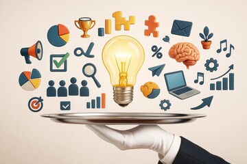 Aufkleber - Business icons and creative light bulb above silver tray with gloved hand on soft background, symbolizing innovation and strategy concept.