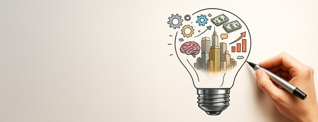 Poster - Hand drawing business creativity concept with city, brain, gears, money and growth icons inside light bulb on clean background with copy space.