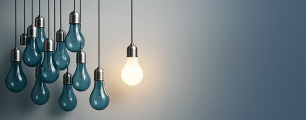 Poster - One illuminated light bulb among many unlit blue bulbs on gradient background illustrating innovation and creativity concept in business design template.