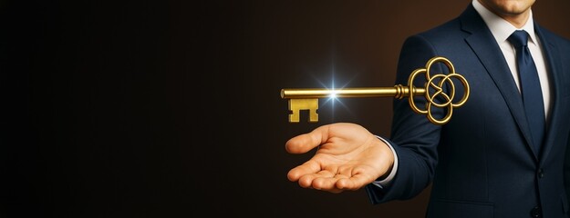 Poster - Businessman holding a glowing golden key on dark background symbolizing opportunity, success and unlocking potential for business and personal growth.