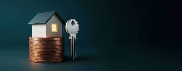 Poster - Miniature house on stacked coins with key beside on dark background, symbolizing real estate investment or home ownership concept.