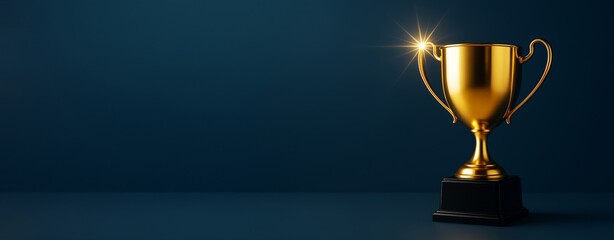 Aufkleber - Golden trophy cup glowing on dark blue background with copy space for business success or achievement promotion concept mockup design template.