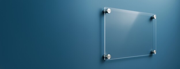 Poster - Transparent glass sign mockup mounted on blue wall with metal standoffs, ideal for business background, clean design or advertising template.
