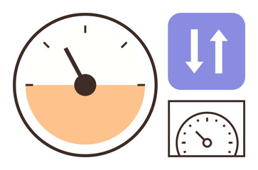 Poster - Orange gauge dial showing measurement, purple arrows suggesting data exchange, small zoomed speedometer. Ideal for progress, performance tracking, technology, efficiency, connectivity, speed simple