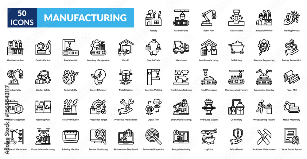manufacturing line icon set. Factory, Assembly Line, Robot Arm, CNC ...