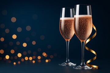 Aufkleber - Two champagne glasses with golden ribbon on dark background and festive light bokeh, elegant drink mockup for celebration poster or banner.