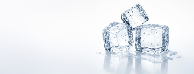 Poster - Close-up of melting ice cubes with water droplets on white background, ideal for drink advertising, design mockup or refreshment concept poster.