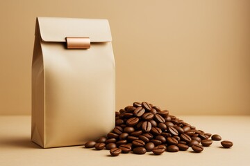 Aufkleber - Coffee beans and blank packaging bag on beige background for branding and advertising concept with clean light design and copy space mockup.