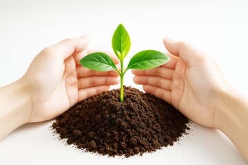 Poster - Hands protecting young green plant growing in soil on white background with bright light, symbolizing care, growth, and environmental nurture.
