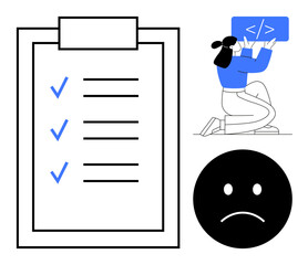 Poster - Task list with checkmarks, developer debugging code, and sad face icon highlighting workflow challenges. Ideal for productivity, teamwork, coding, projects, workflow analysis, problem-solving simple