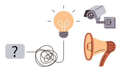 Poster - Question mark linked to tangled line leading to a light bulb, surveillance camera, and megaphone. Ideal for innovation, communication, problem-solving, ideas, technology, creativity decision-making