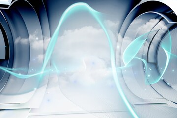 Poster - Neon teal ribbon is weaving through 3D futuristic space with metallic panels, clouds, particles