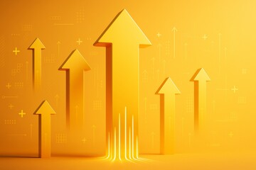 Aufkleber - Multiple yellow arrows pointing upward on bright orange background with glowing light effects and abstract graphic elements symbolizing growth and progress.