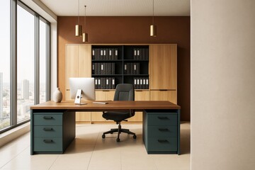 Poster - Modern executive office interior with wooden furniture, filing shelves, and city view window in minimalist style on a sunny day background.