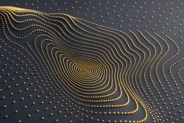 Poster - Abstract concentric wave pattern made of golden spheres forming topographic lines on dark background in creative light graphic style.