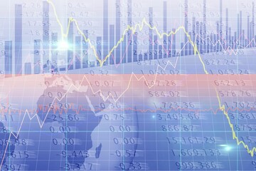 Poster - Yellow line chart is overlaying pink and red lines over blue bar graphs in flat design
