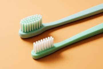 Poster - Two pastel green toothbrushes with soft bristles laying on a warm orange background in minimalistic style with light and abstract composition concept.