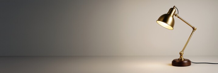 Poster - Elegant brass desk lamp on minimalist surface with gradient background, illuminated for clean advertising or poster template mockup scene.
