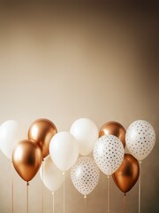 Poster - Elegant white and gold balloons with polka dots on warm gradient background for celebration concept, clean mockup or advertising template.