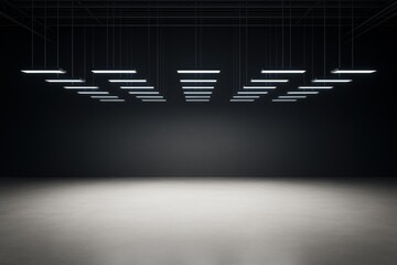Poster - Empty modern interior with rows of rectangular ceiling lights above a smooth concrete floor and dark background for creative design or branding concept.