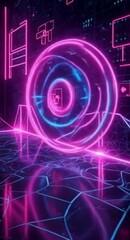 Poster - Futuristic Neon Cityscape with Glowing Lines and Abstract Shapes in a Digital World