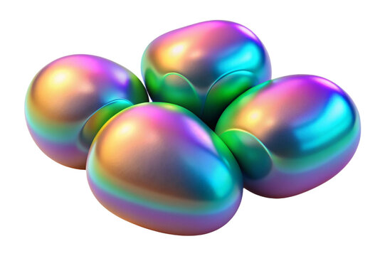 Four iridescent metallic pebbles with smooth rounded shapes isolated on transparent background