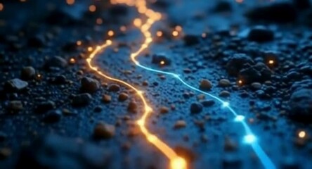 Poster - Abstract Glowing Lines on Rocky Surface Orange and Blue Light Trails on Ground