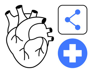 Poster - Anatomical heart alongside sharing and healthcare icons. Ideal for health, medicine, biology, teamwork, communication, innovation, technology. Perfect for a simple landing page