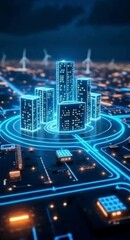 Poster - Futuristic Cityscape with Glowing Buildings and Wind Turbines Representing Technology Innovation and Sustainable Energy