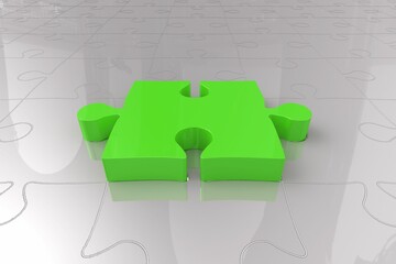 Poster - 3D glossy green jigsaw puzzle piece is resting on reflective metal surface with puzzle grooves