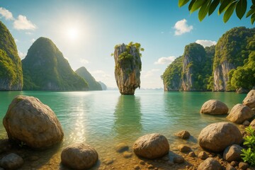 Aufkleber - Majestic limestone island in tranquil bay surrounded by lush green mountains under warm sunlight with clear peaceful sky and rocky shore foreground.