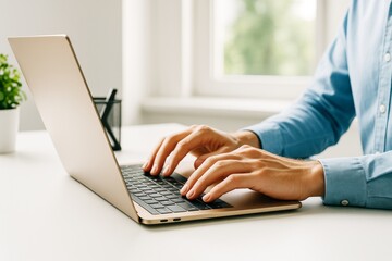 Poster - Close-up of man working on a laptop at bright home office desk with modern minimalist background and natural light, representing productivity concept.