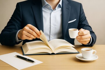 Poster - Man in suit reading book while holding coffee cup at desk with pen and paper on light background. Professional lifestyle concept.