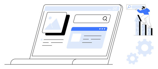  - Open laptop displaying web page with search bar, media, and text. Person holding search tool on bar chart. Ideal for web exploration, technology, data, innovation, strategy internet simple flat