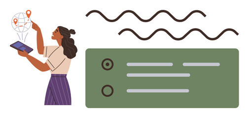 Poster - Woman interacting with tablet to navigate map markers, wavy lines symbolizing data flow, checklist for task management. Ideal for tech, productivity, navigation, planning, workflow, analytics modern