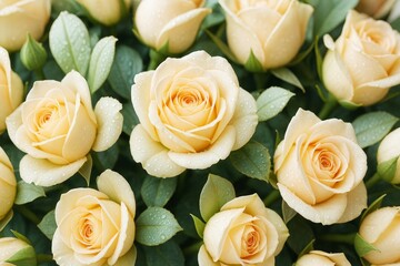 Poster - Elegant yellow roses with fresh dew drops surrounded by green leaves on a soft natural background in high detail and bright floral composition.