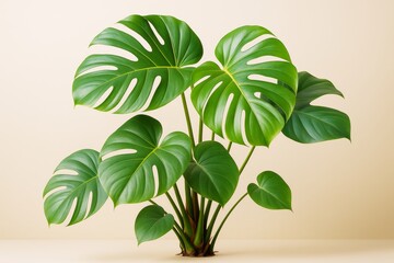 Poster - Monstera plant with large green leaves in minimal light on soft beige background, showcasing creative 3d botanical design concept.